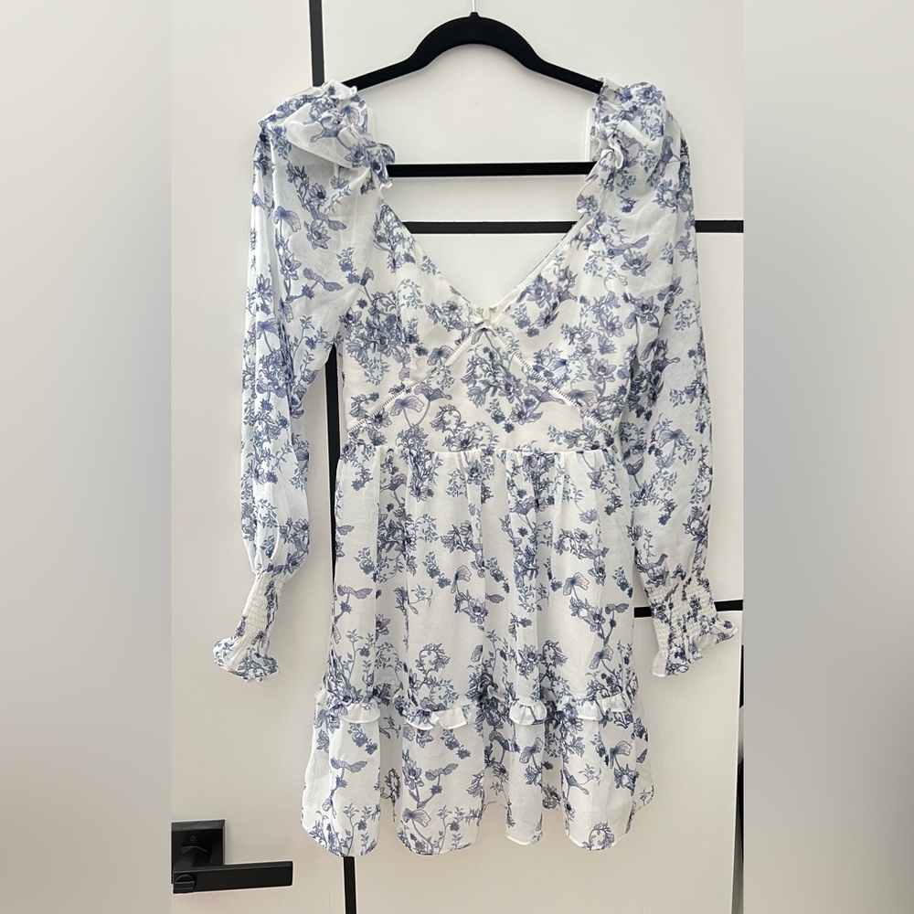 SAU LEE Blue Toile Floral Lace Trim Tiered Mini Dress